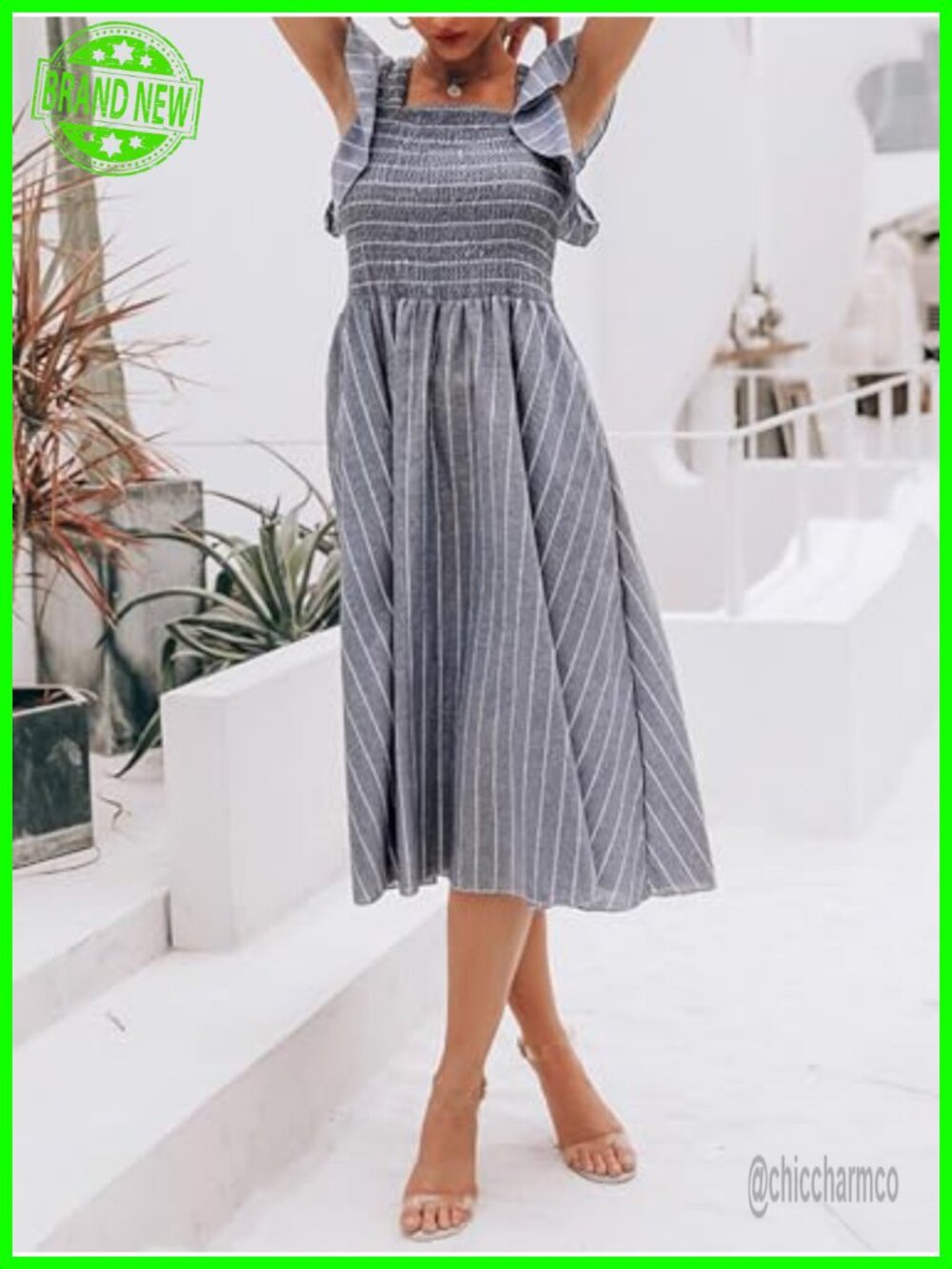 Cotton Linen Midi Dress with Pockets Square Neck Flutter Sleeve Boho - Picture 4 of 7